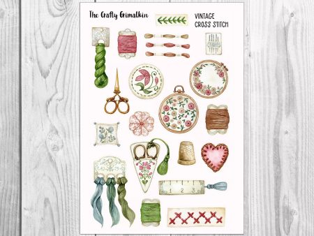 Vintage Cross Stitch Sticker Sheet for planners and  or Scrapbooks - Small Size Supply