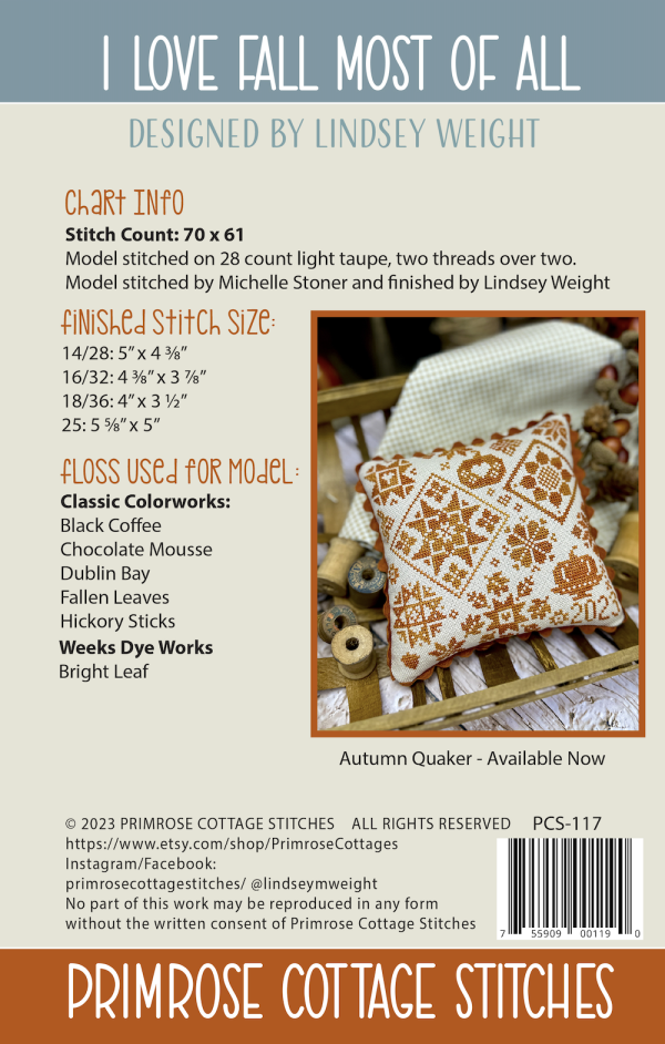 I Love Fall Most of All - Primrose Cottage Stitches - Cross Stitch Patterns on Sale