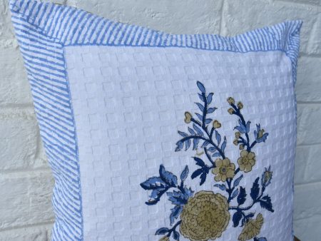 Royal blue with marigold waffle cotton HandBlock cushion cover on Sale