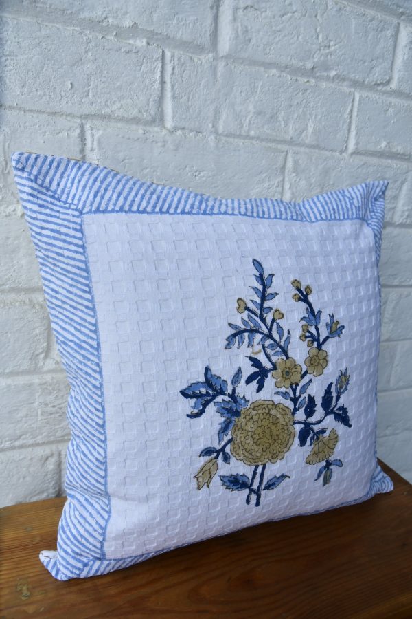 Royal blue with marigold waffle cotton HandBlock cushion cover on Sale