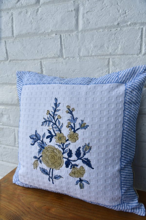 Royal blue with marigold waffle cotton HandBlock cushion cover on Sale