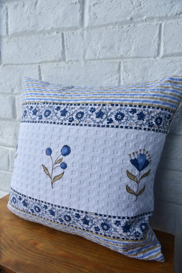 Blue floral stripe waffle cotton  handblock cushion cover Hot on Sale