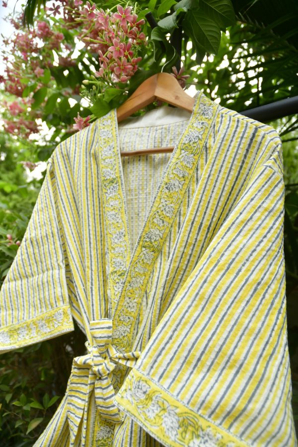 Lemon Yellow Stripe HandBlock Waffle Cotton Bathrobe | Luxurious Comfort Hot on Sale