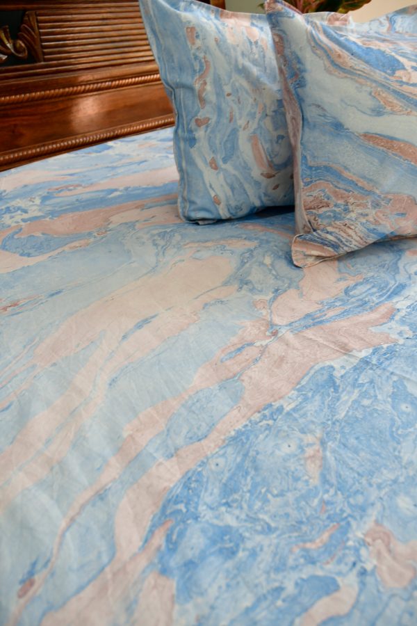 Pink Blue Marble Bedsheet:  Hand Block Print, Jaipur, Premium Cotton For Discount