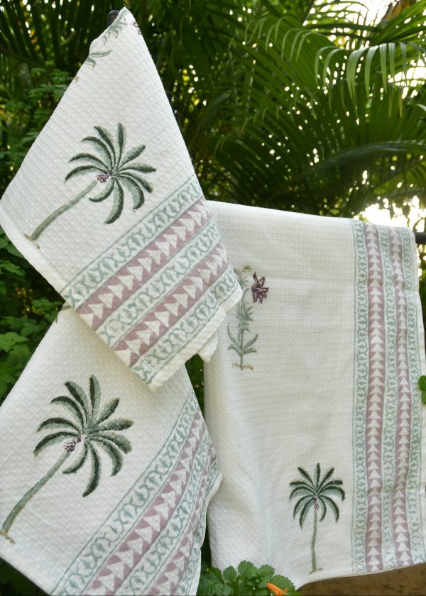 Tropical Oasis: Palm & Flower Hand Block Bath & Hand Towel Set Online Hot Sale