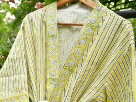 Lemon Yellow Stripe HandBlock Waffle Cotton Bathrobe | Luxurious Comfort Hot on Sale