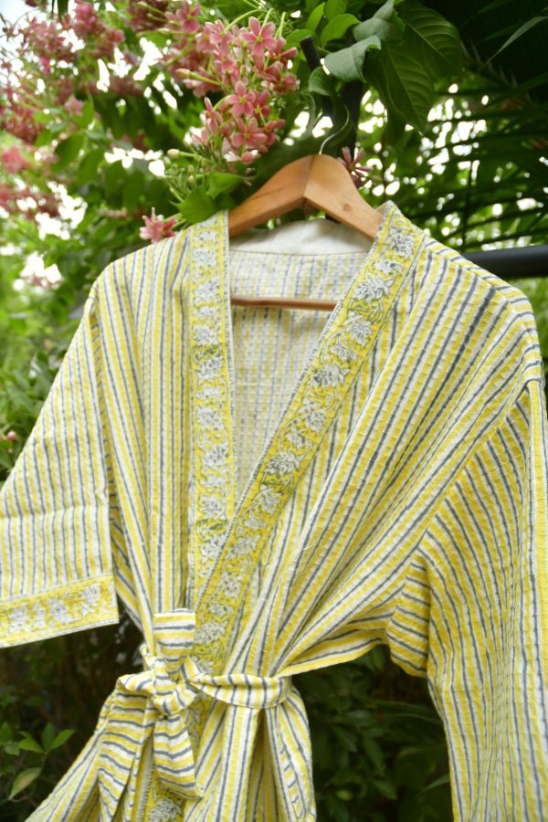 Lemon Yellow Stripe HandBlock Waffle Cotton Bathrobe | Luxurious Comfort Hot on Sale