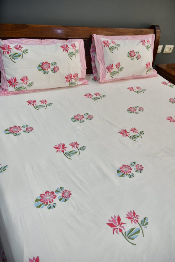 Pink Lotus Handblock Cotton Bedsheet Online Hot Sale