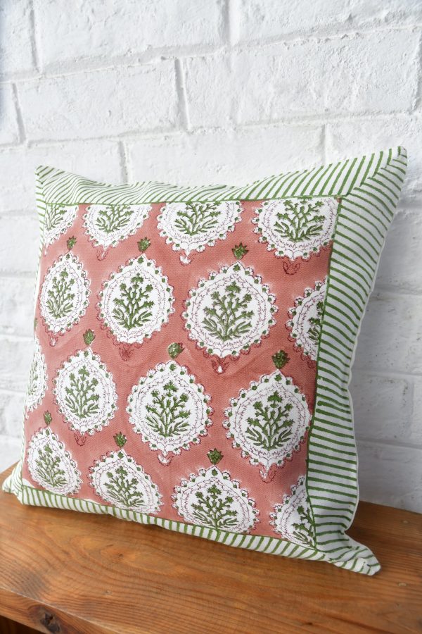 Rust & Green Hand Block Cushion | Earthy Elegance for Your Home (Jaipur, India) For Sale