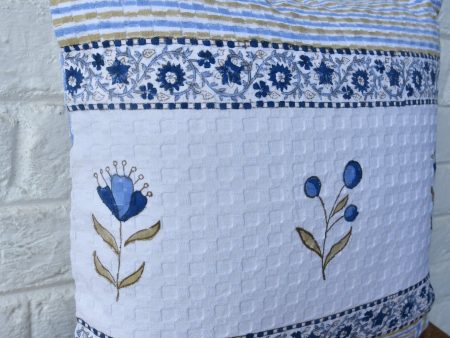 Blue floral stripe waffle cotton  handblock cushion cover Hot on Sale