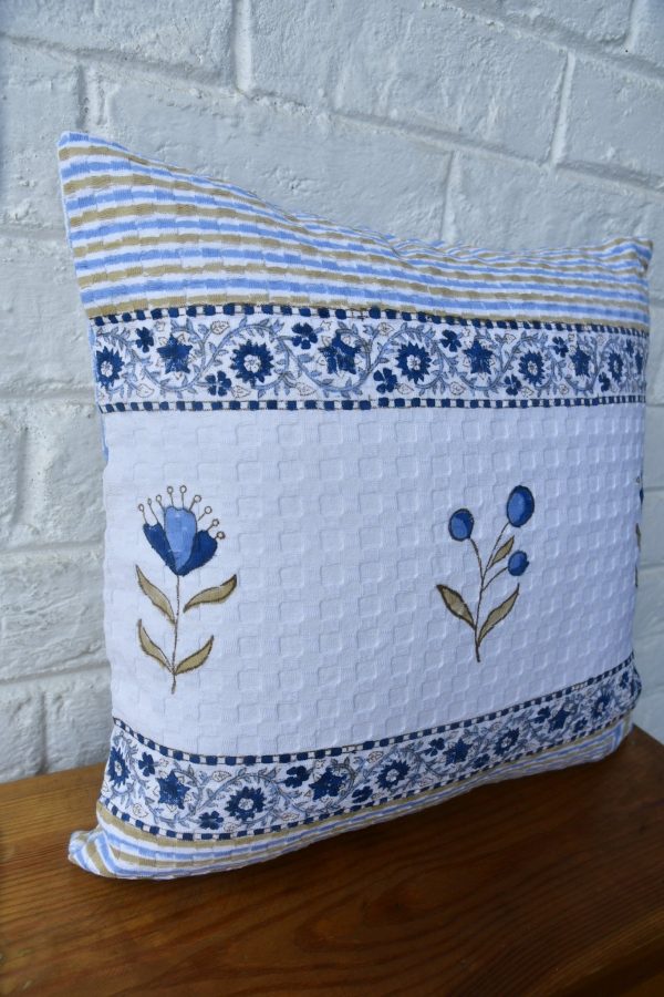 Blue floral stripe waffle cotton  handblock cushion cover Hot on Sale