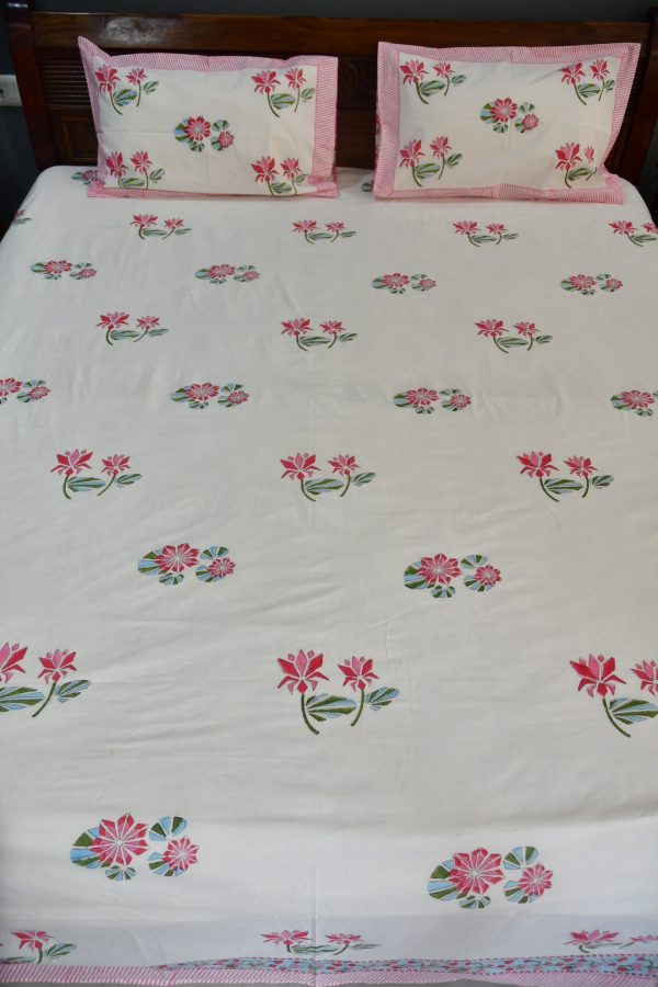 Pink Lotus Handblock Cotton Bedsheet Online Hot Sale