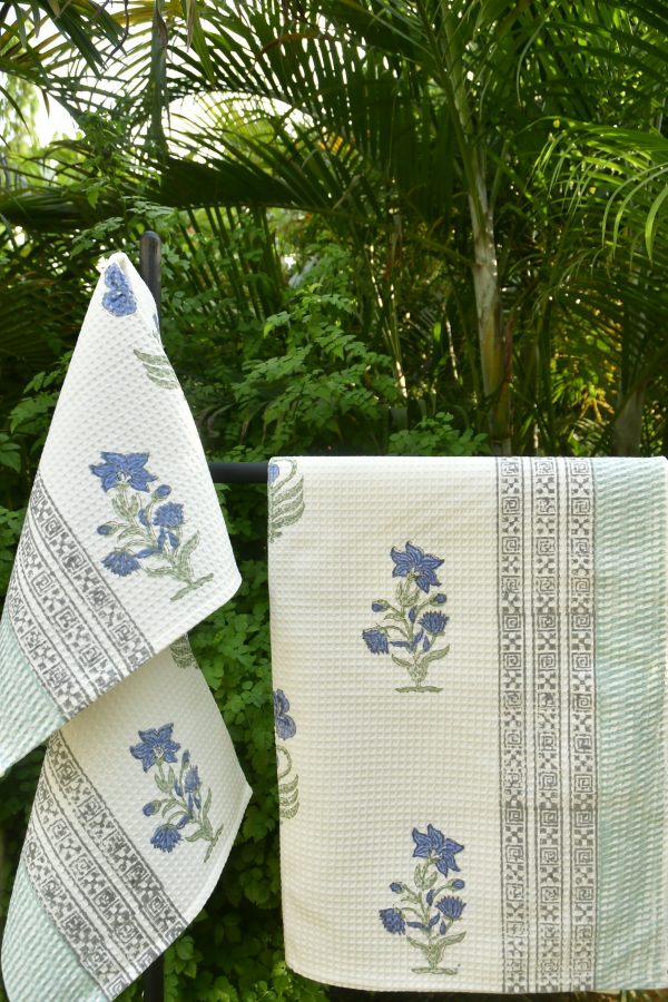 Luxurious Blue Lily Bath & Hand Towel Set: Hand Block Printed (India) For Discount