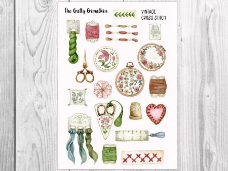 Vintage Cross Stitch Sticker Sheet for planners and  or Scrapbooks - Large Size Fashion