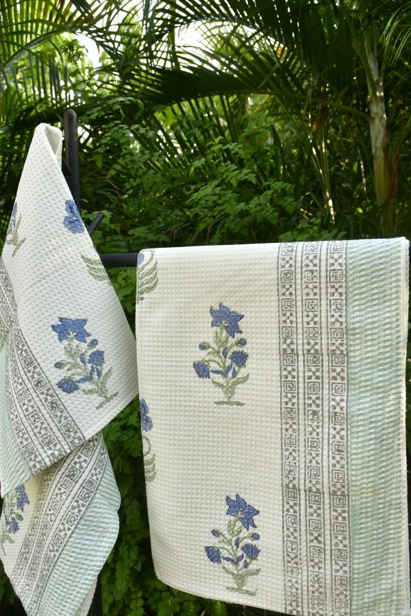 Luxurious Blue Lily Bath & Hand Towel Set: Hand Block Printed (India) For Discount