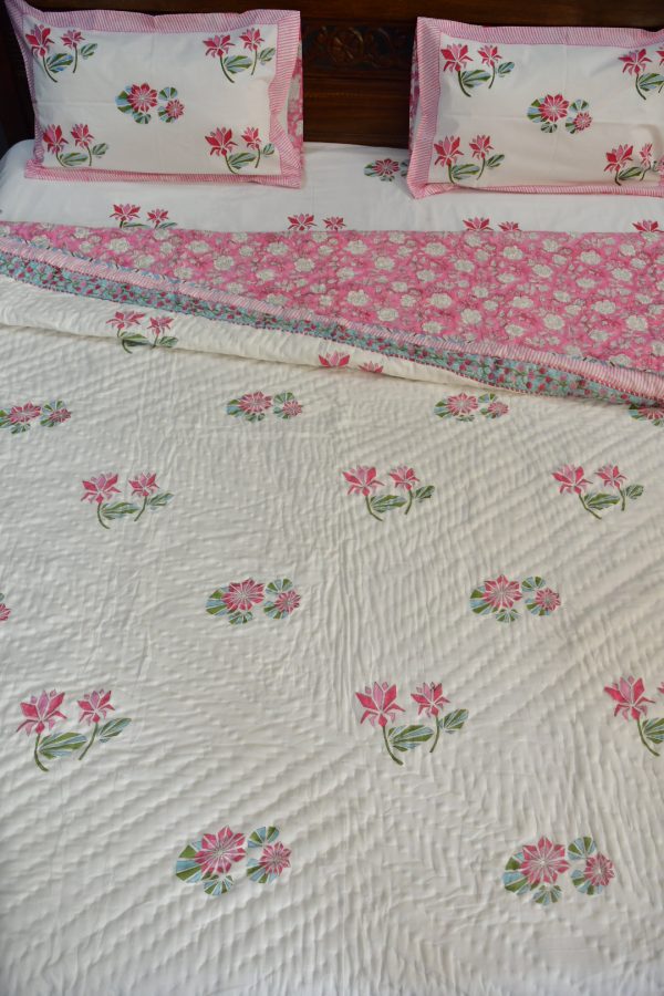 Pink Lotus Handblock Bedding Set Online now