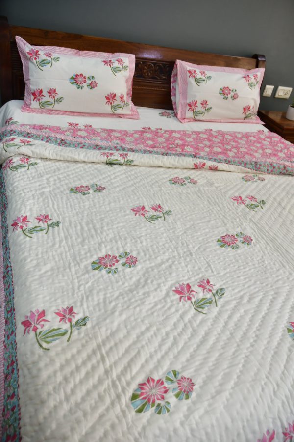 Pink Lotus Handblock Bedding Set Online now